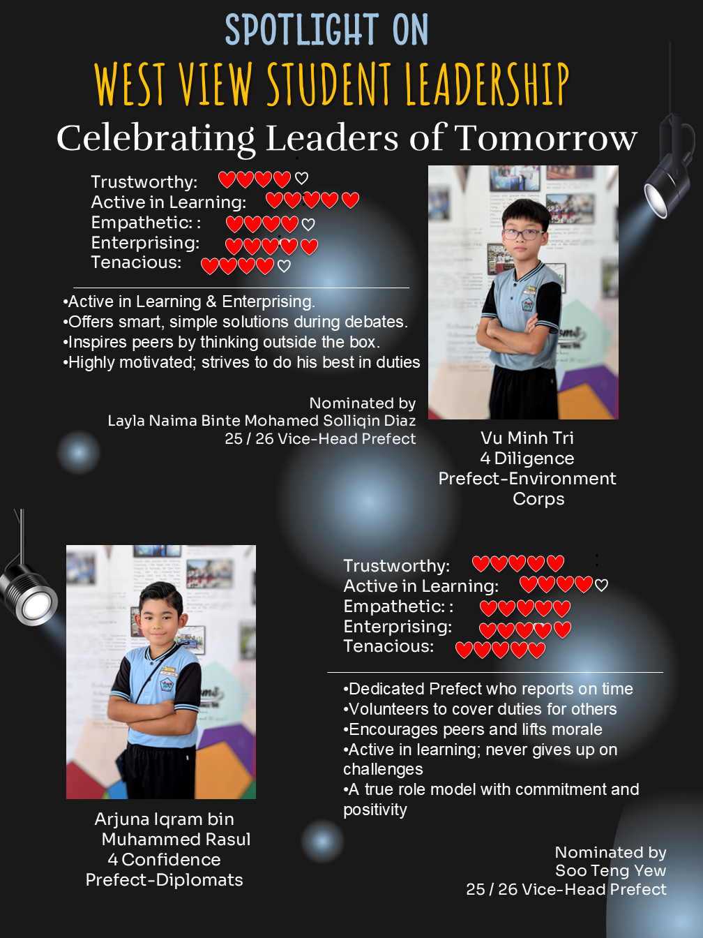 The poster features prefects Vu Minh Tri and Arjuna Iqram bin Muhammed Rasul, who are recognised for demonstrating West View’s TALENT values. Their peers commend them for being creative, motivated, dependable, encouraging, positive, and always willing to help others.